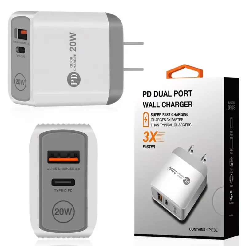 Reiko 20W Power Delivery Travel Wall Charger Adapter with Dual Ports of USB and Type-C